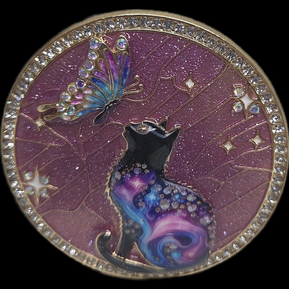 Elegant Cat and Butterfly Brooch - Purple and Gold